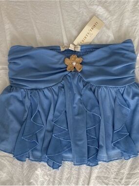 Thrift/Thirty Blue Strapless Ruffle Tube Top with Flower Accent